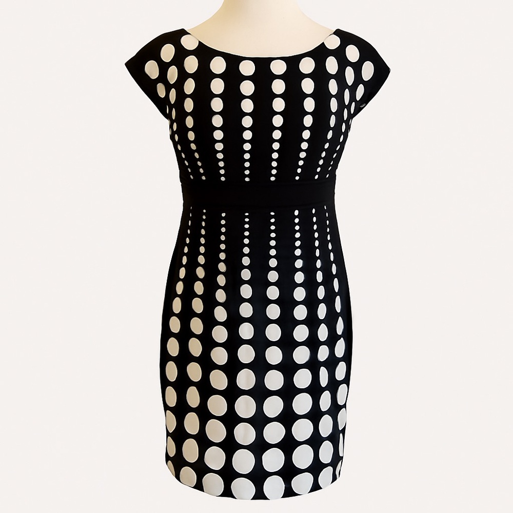 Maggy London sheath pleated dress Melanie Lyne black white dots empire waist 14